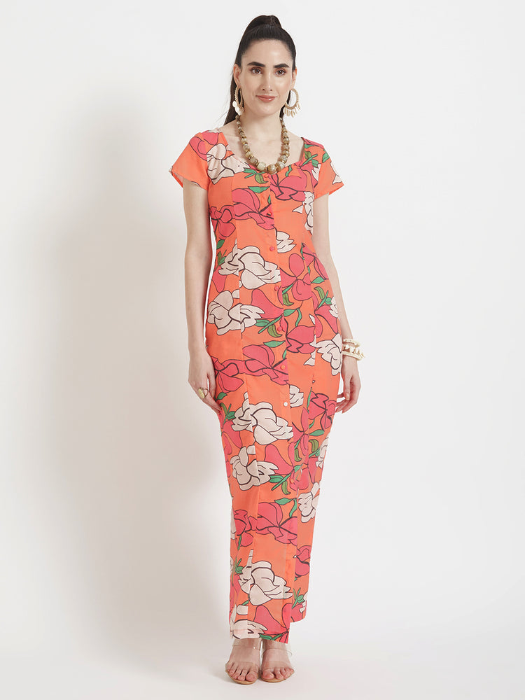 Luxury Cambric Digital Print Front Slit Body Con Dress With Slash Pocket