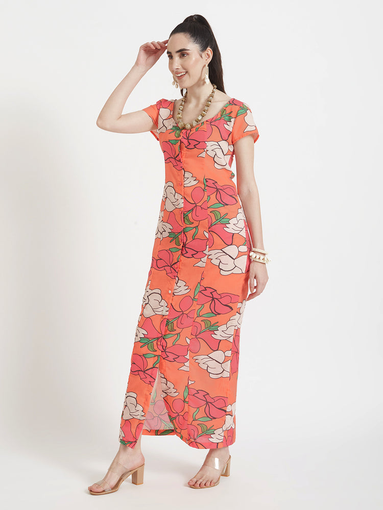 Luxury Cambric Digital Print Front Slit Body Con Dress With Slash Pocket
