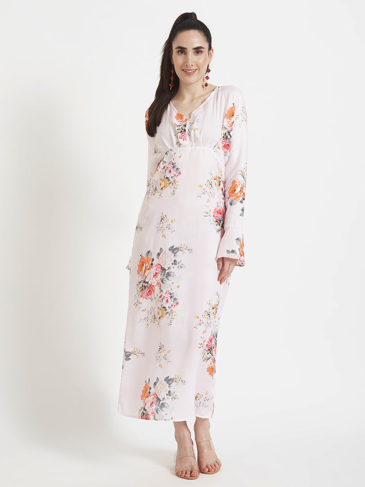 Luxury Satin Digital Print Maxi Dress With Slash Pocket