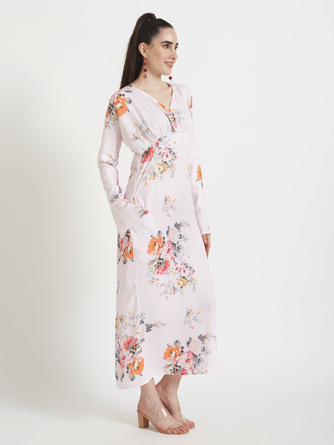 Luxury Satin Digital Print Maxi Dress With Slash Pocket
