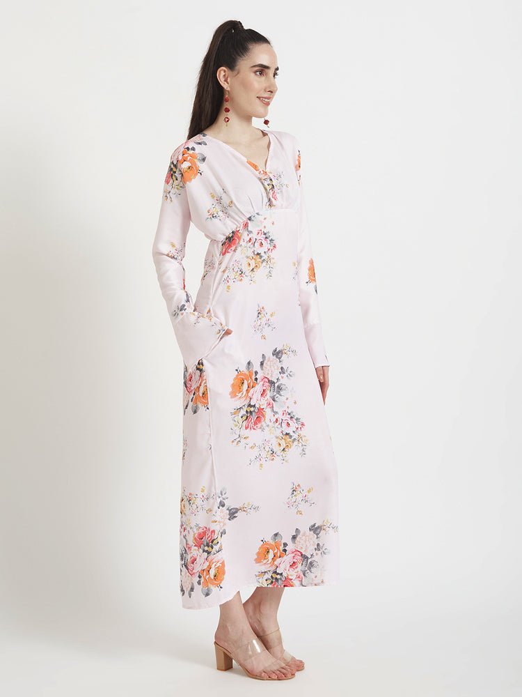 Luxury Satin Digital Print Maxi Dress With Slash Pocket