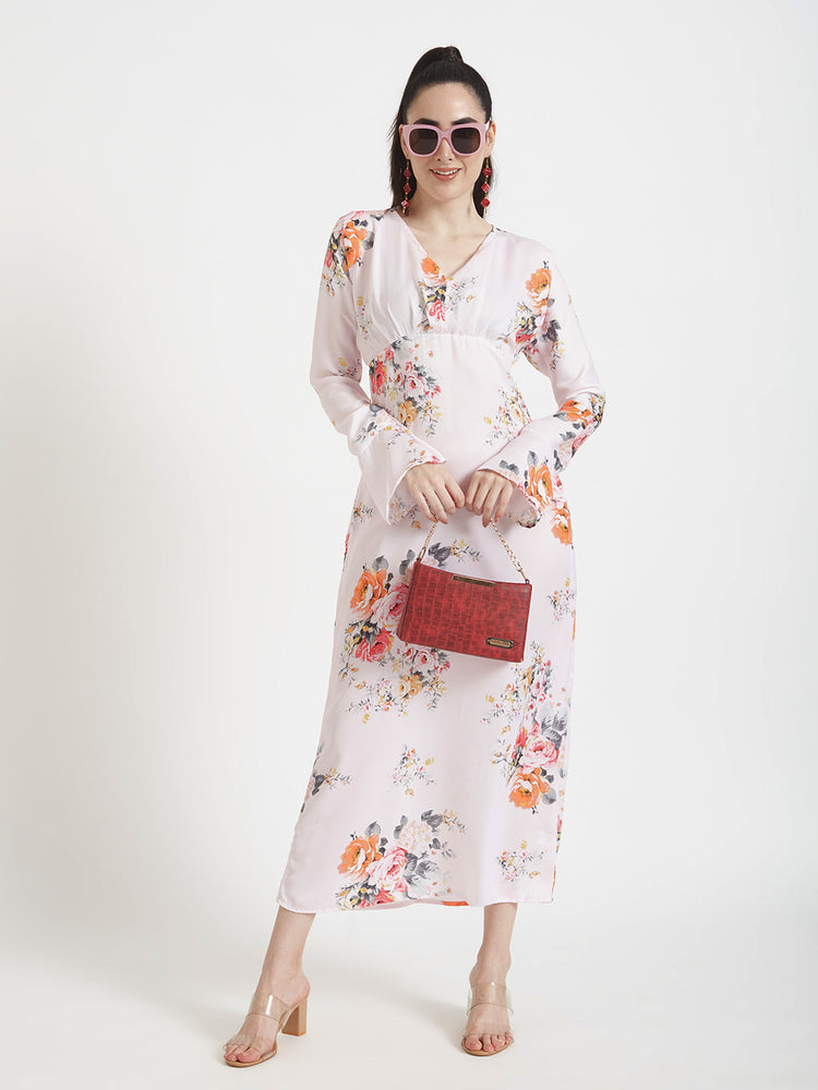 Luxury Satin Digital Print Maxi Dress With Slash Pocket