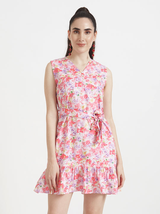 Premium Micro Digital Print V Neck Flare Dress With Slash Pocket