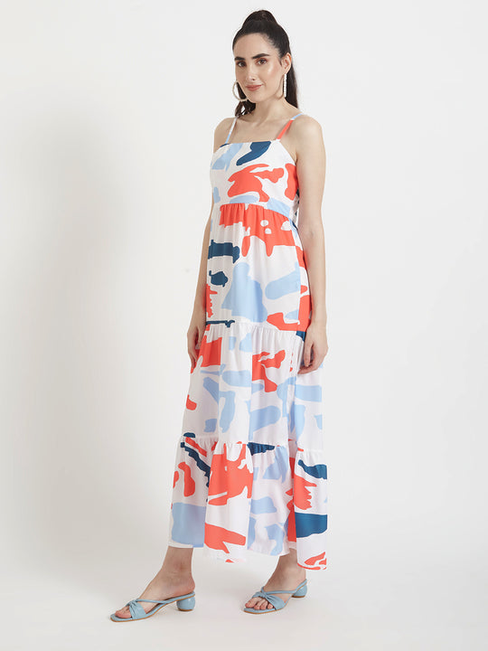 Premium American Crepe Digital Print Shoulder Strap Maxi Dress With Slash Pocket