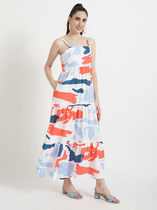 Premium American Crepe Digital Print Shoulder Strap Maxi Dress With Slash Pocket