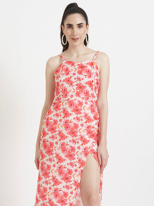 Luxury Satin Digital Print Maxi Dress With Slash Pocket