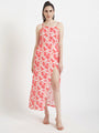 Luxury Satin Digital Print Maxi Dress With Slash Pocket