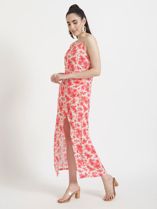 Luxury Satin Digital Print Maxi Dress With Slash Pocket