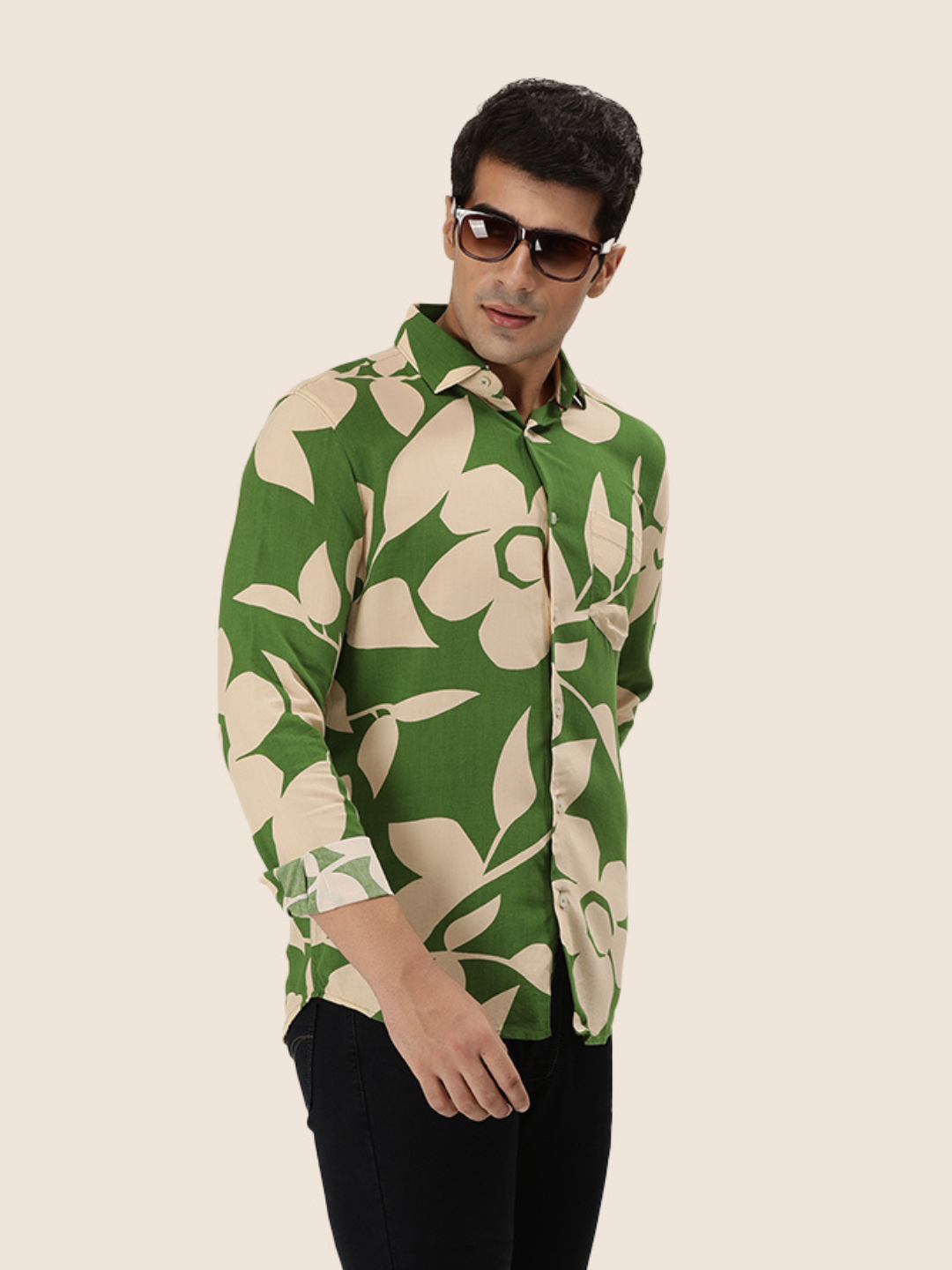 Men'S Premium Rayon Casual Shirt With Green Floral Print
