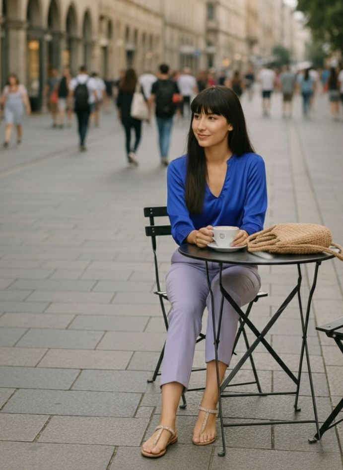 European Satin V Neck Long Sleeve Top