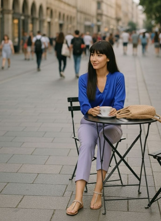 European Satin V Neck Long Sleeve Top