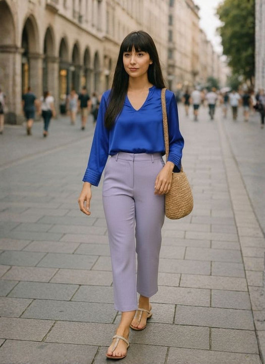 European Satin V Neck Long Sleeve Top