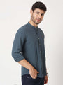 Amswan Premium Men'S Blue Crinkle Cotton Shirt - Mandarin Collar, Long Sleeves