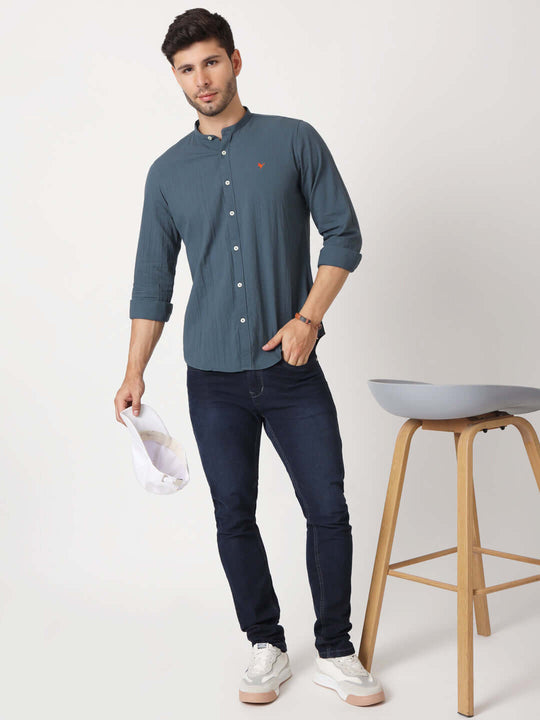 Amswan Premium Men'S Blue Crinkle Cotton Shirt - Mandarin Collar, Long Sleeves