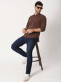 Premium Men'S Brown Crinkle Cotton Shirt - Mandarin Collar, Long Sleeves