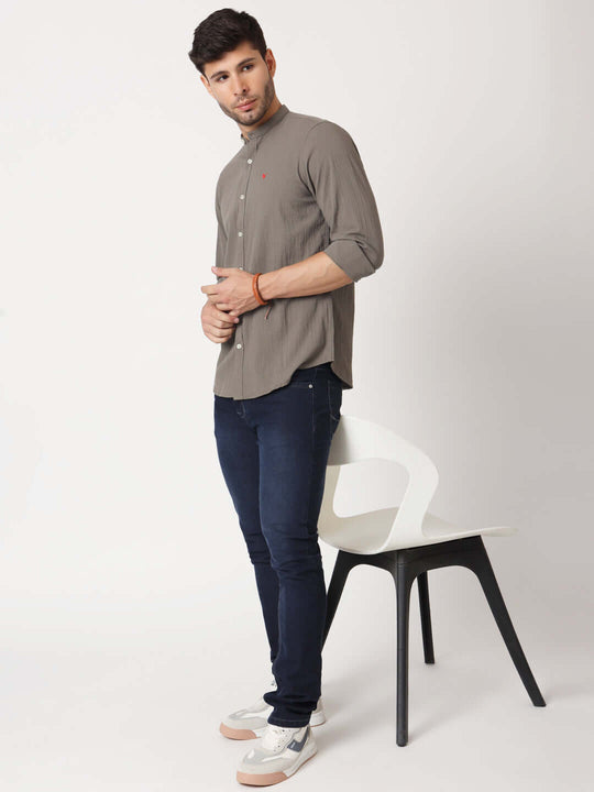 Amswan Premium Men'S Grey Crinkle Cotton Shirt - Mandarin Collar, Long Sleeves