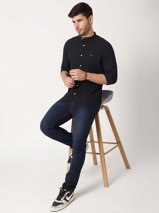 Amswan Premium Men'S Black Crinkle Cotton Shirt - Mandarin Collar, Long Sleeves