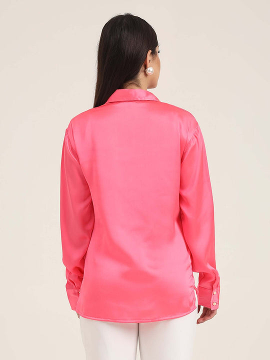 Women'S Premium Ballerina Pink Regular Fit Solid Satin Shirt