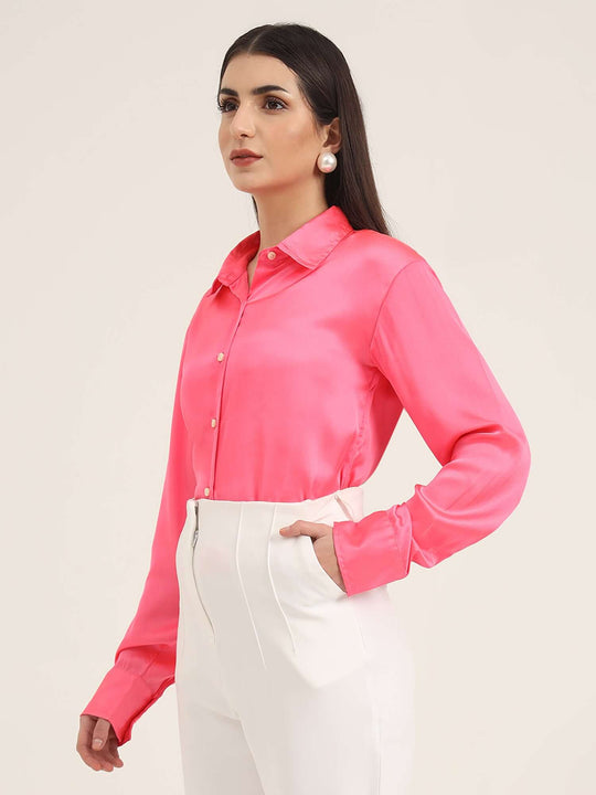 Women'S Premium Ballerina Pink Regular Fit Solid Satin Shirt