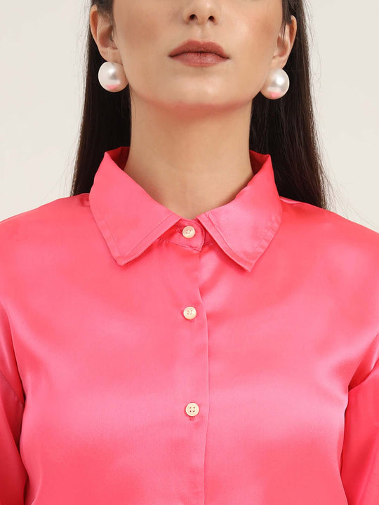 Women'S Premium Ballerina Pink Regular Fit Solid Satin Shirt