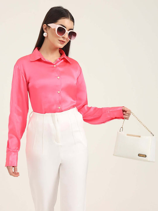 Women'S Premium Ballerina Pink Regular Fit Solid Satin Shirt