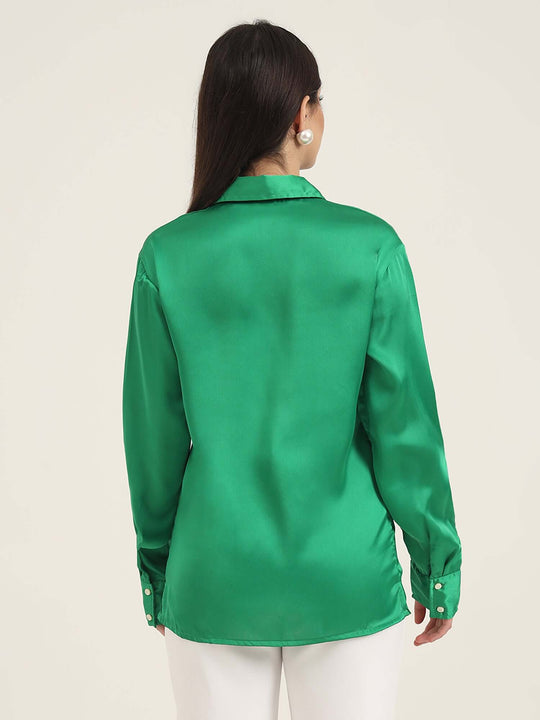 Women'S Premium Shamrock Green Regular Fit Solid Satin Shirt