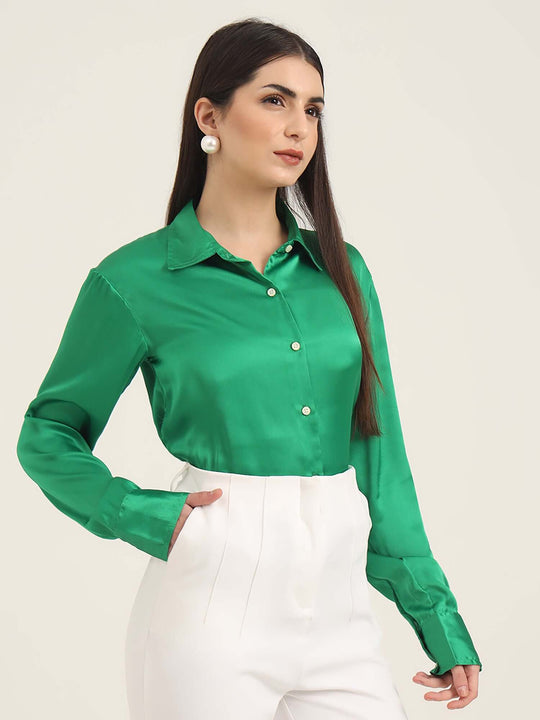 Women'S Premium Shamrock Green Regular Fit Solid Satin Shirt