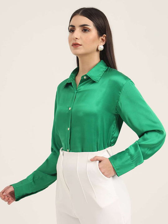 Women'S Premium Shamrock Green Regular Fit Solid Satin Shirt