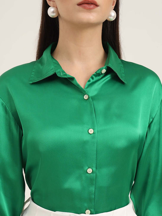Women'S Premium Shamrock Green Regular Fit Solid Satin Shirt