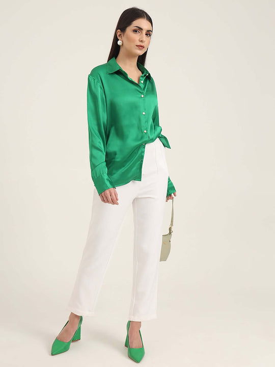 Women'S Premium Shamrock Green Regular Fit Solid Satin Shirt