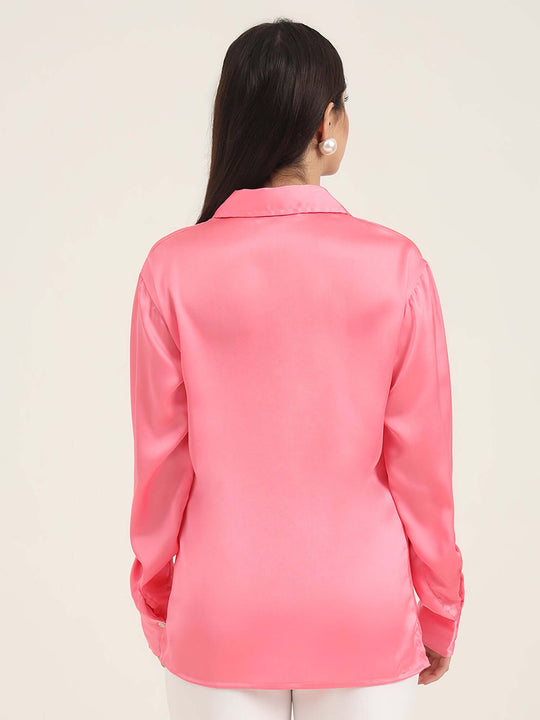 Women'S Premium Bubblegum Pink Regular Fit Solid Satin Shirt