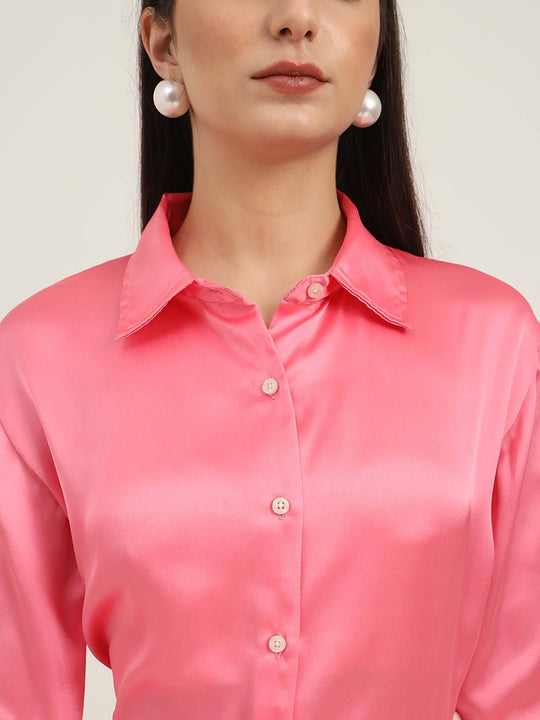 Women'S Premium Bubblegum Pink Regular Fit Solid Satin Shirt