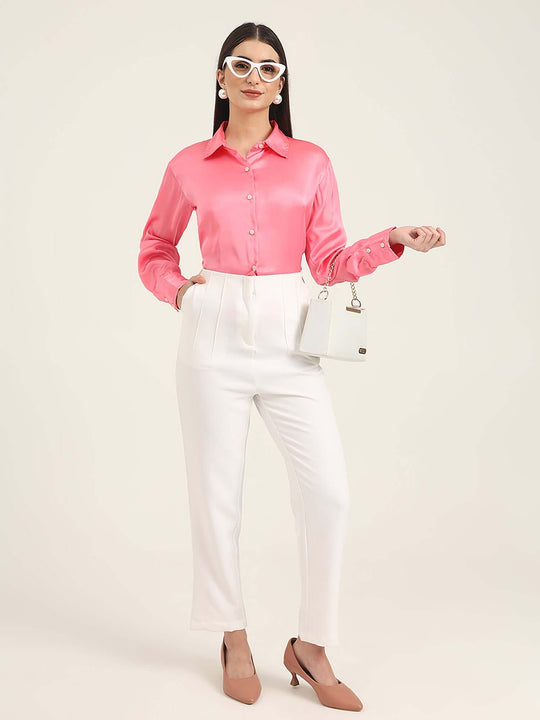Women'S Premium Bubblegum Pink Regular Fit Solid Satin Shirt