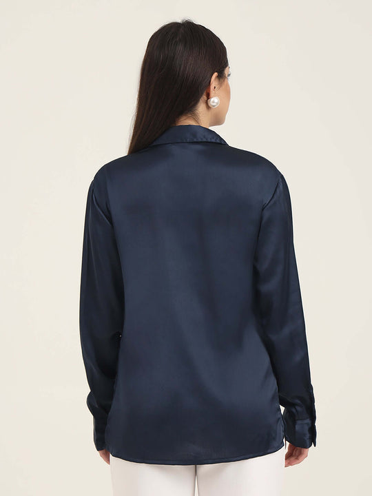 Women'S Premium Navy Regular Fit Solid Satin Shirt