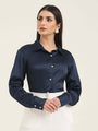 Women'S Premium Navy Regular Fit Solid Satin Shirt