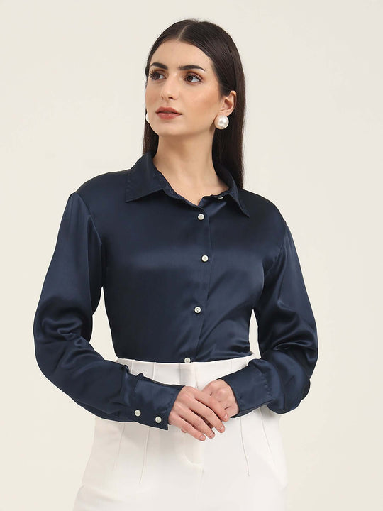 Women'S Premium Navy Regular Fit Solid Satin Shirt