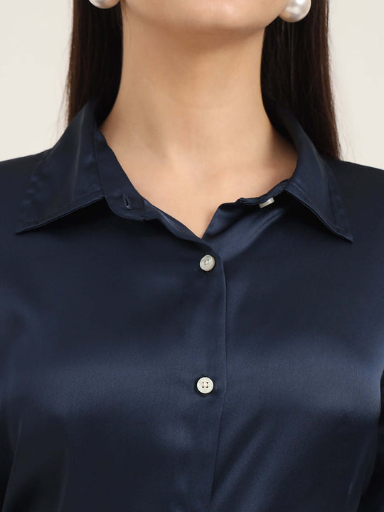 Women'S Premium Navy Regular Fit Solid Satin Shirt