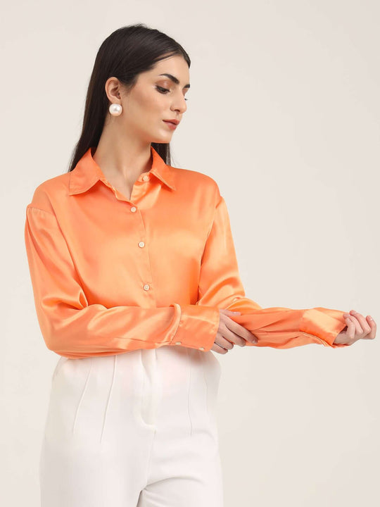 Women'S Premium Crimson Orange Regular Fit Solid Satin Shirt