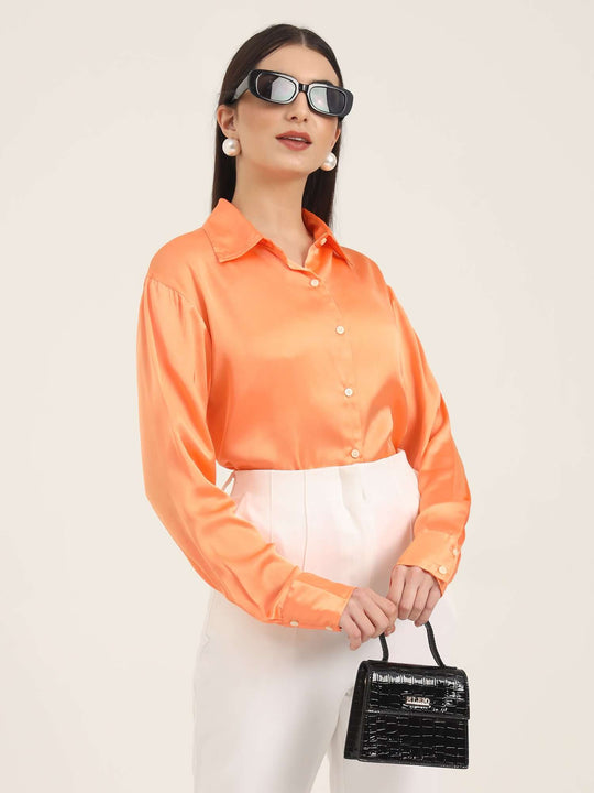 Women'S Premium Crimson Orange Regular Fit Solid Satin Shirt