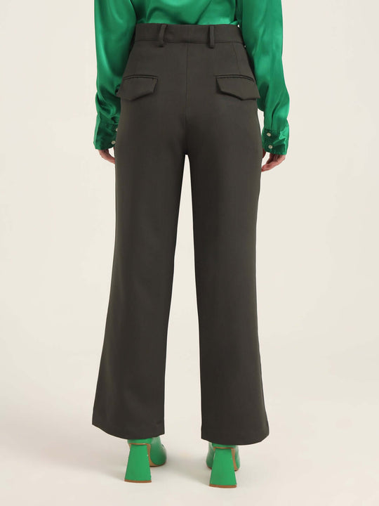 Women'S Luxury Banana Crepe Olive Straight Fit With Flap Pocket Trouser