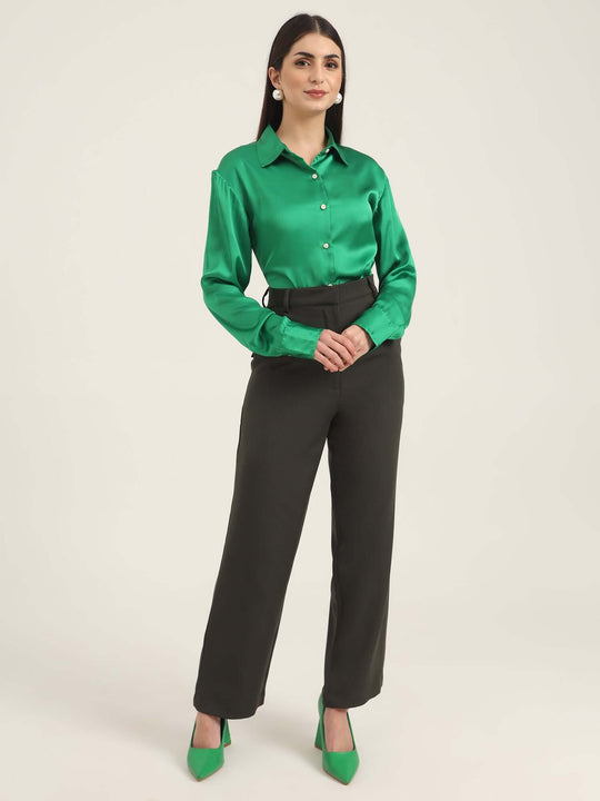 Women'S Luxury Banana Crepe Olive Straight Fit With Flap Pocket Trouser