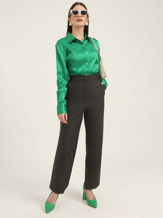 Women'S Luxury Banana Crepe Olive Straight Fit With Flap Pocket Trouser