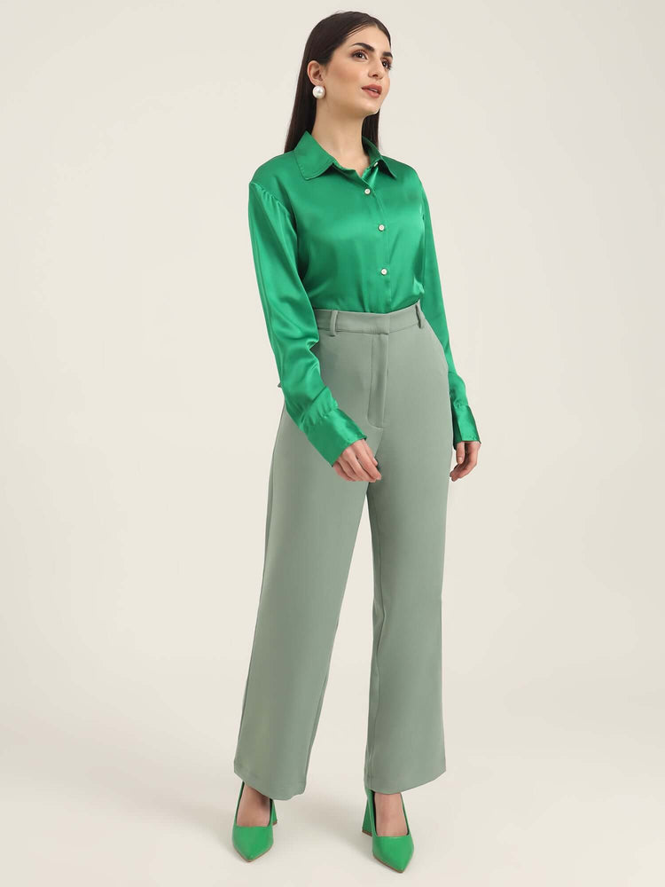 Women'S Luxury Banana Crepe Sage Green Straight Fit With Flap Pocket Trouser