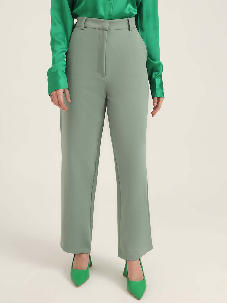 Women'S Luxury Banana Crepe Sage Green Straight Fit With Flap Pocket Trouser