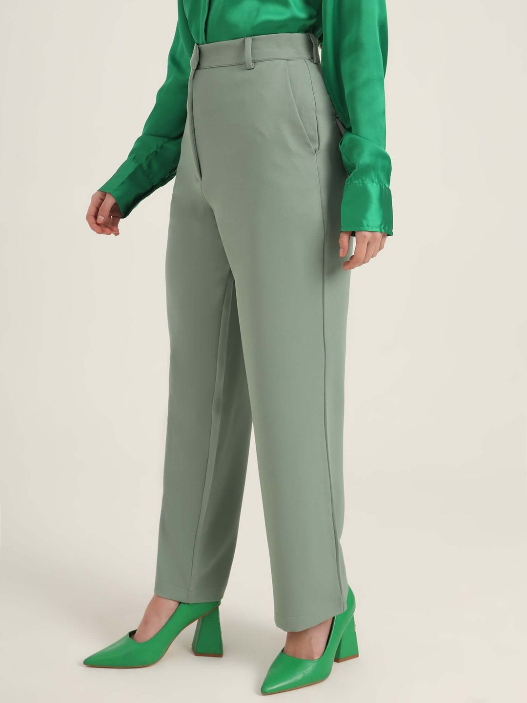 Women'S Luxury Banana Crepe Sage Green Straight Fit With Flap Pocket Trouser