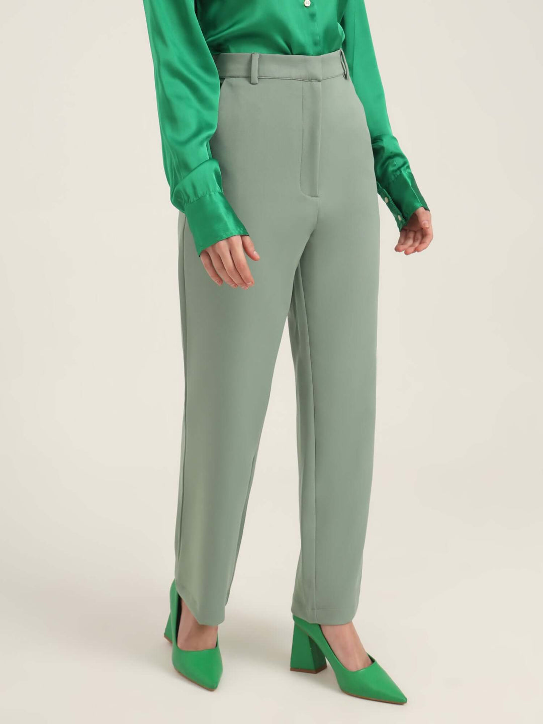 Women'S Luxury Banana Crepe Sage Green Straight Fit With Flap Pocket Trouser