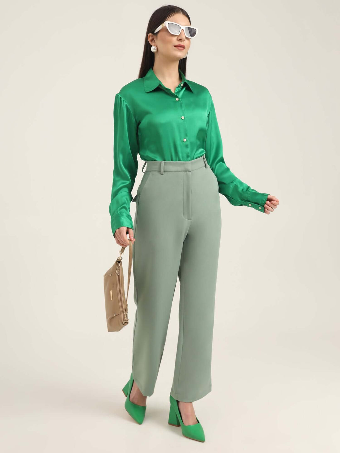 Women'S Luxury Banana Crepe Sage Green Straight Fit With Flap Pocket Trouser