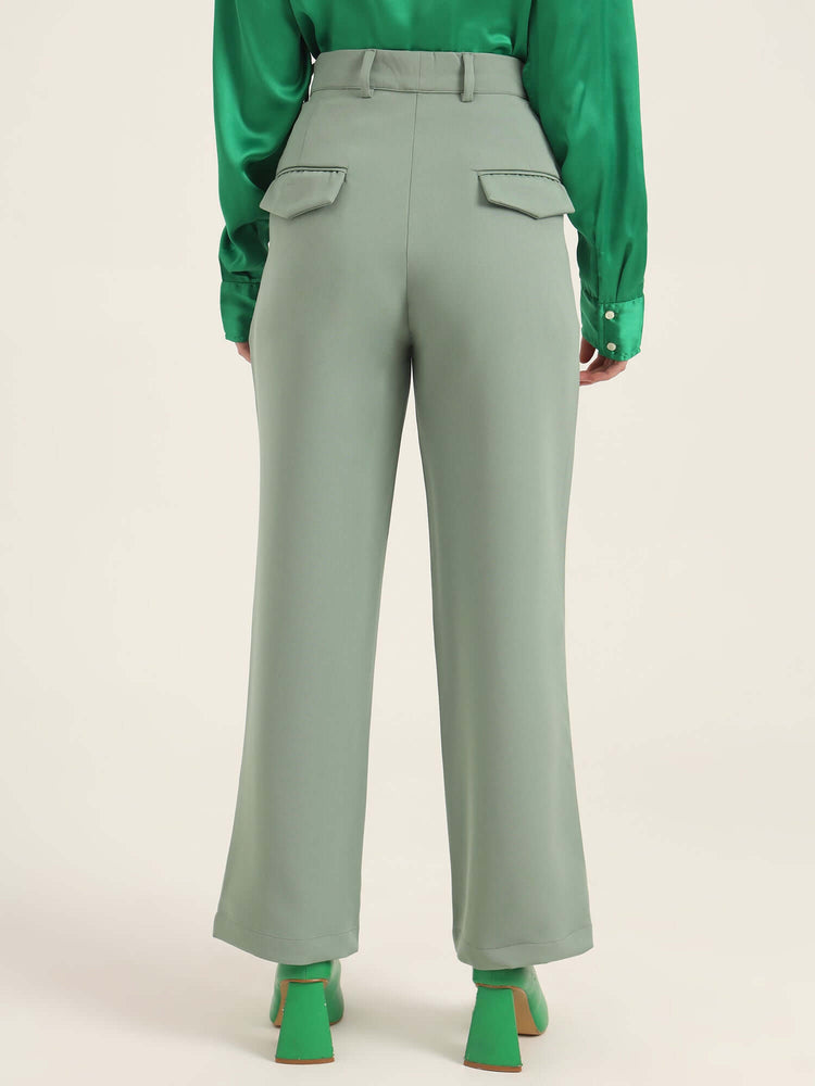 Women'S Luxury Banana Crepe Sage Green Straight Fit With Flap Pocket Trouser