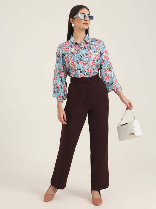 Women'S Luxury Banana Crepe Dark Choclate Straight Fit With Flap Pocket Trouser
