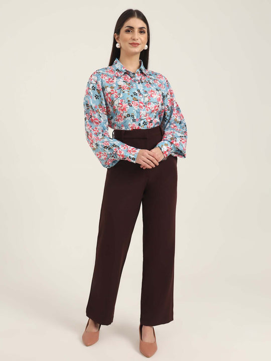 Women'S Luxury Banana Crepe Dark Choclate Straight Fit With Flap Pocket Trouser